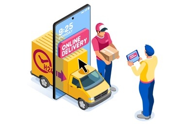 application for pay, discount on e commerces, online discount. cart and pay on e-shop application, e commerce cart. e-shop application with purchasing characters and text. cartoon vector illustration.