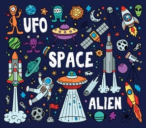 hand drawn doodles cartoon set of space objects and symbols. color doodle space elements on dark blue background. vector illustration.