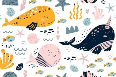 girl sea pattern. girls nautical seamless pattern. cute summer seamless background with sea animals, whales narwhal fish coral. kids textile, baby clothing, marine package design. vector illustration.