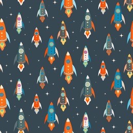 seamless vector pattern of colorful rockets in outer space among the stars (birthday party, wedding celebration, wrapping paper, textile, wallpaper design)
