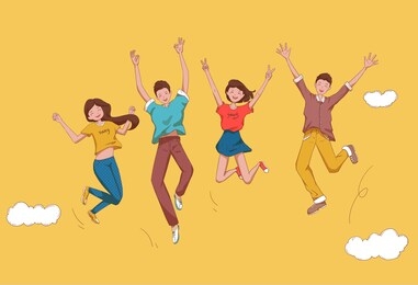 four young men and women are jumping and cheering.young people who are happy to celebrate.illustration