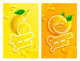 set of fresh lemon and orange juices backgrounds with drops from condensation, splashing and fruit slices for brand,logo,template,label,emblems,stores,packaging,advertising.vector illustration