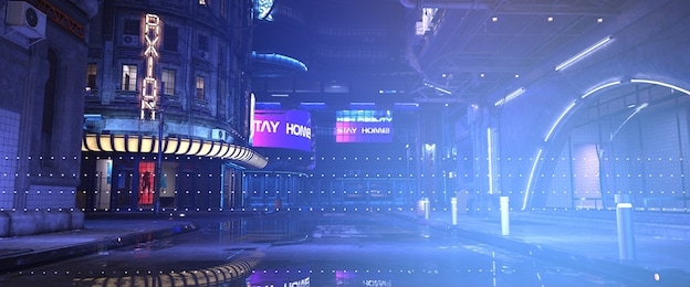 neon urban future. cyberpunk city. photorealistic 3d illustration of the futuristic city. huge billboards with text "stay home!". empty street with multicolored neon lights. futuristic wallpaper.