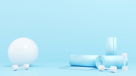 fitness equipment - ball, dumbbells, jump rope, rug on bright room, studio, training hall. care of health, body care and figure. intensive training, pilates, yoga, 3d, render, illustration.