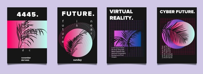 set of cyberpunk, vaporwave, synthwave style retrofuturistic posters with ferns and coconut palm leaves silhouette. collection of covers for music party event.