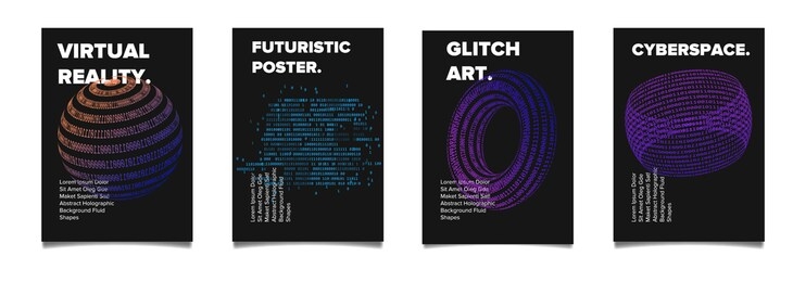 set of vaporwave and synthwave style posters with binary code and 3d figures. collection of futuristic cyberpunk covers for music, hackathon or science event.