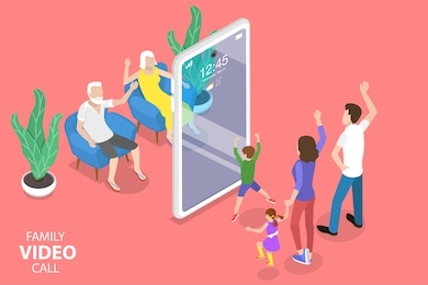 3d isometric flat vector concept of online video conference tool, video chat mobile app, family call.