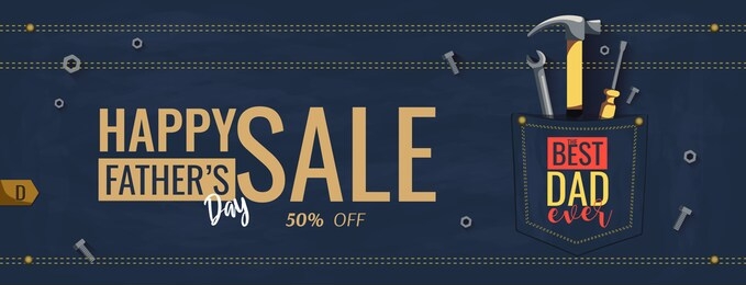 special offer for happy father's day with tools in the denim pocket, bolts and nuts on the jeans background. vector illustration for poster, banner, special offer, sale, promotion, commercial.