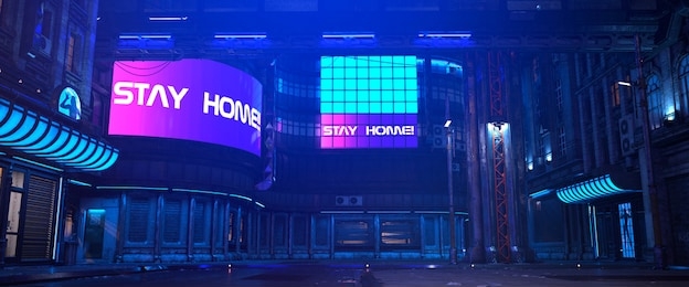 neon futuristic city. photorealistic 3d illustration in a style of cyberpunk. huge neon billboards with text "stay home!". empty street with multicolored neon lights. vibrant urban wallpaper.
