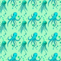 watercolor illustration. seamless pattern with marine life. jellyfish, octopuses, air bubbles. pattern for fabric. drawing on paper. on a blue background.