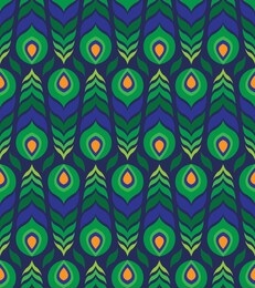 seamless vector background of decorative peacock feathers in deep blue, green and golden yellow. elegant and exotic design in art deco style. geometric abstract view of bright bird's tail.