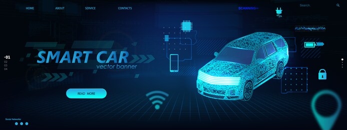 isometric smart car hologram in polygonal style with hud elements and icons. smart auto ai. electric auto, wireframe in line in the form of a starry sky or space. virtual graphic interface hud. vector