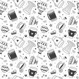 seamless pattern of cute cups, desserts, sweets. background for wallpapers, prints, menus and posters. black and white decorative doodles. isolated on a white background. vector, eps 10
