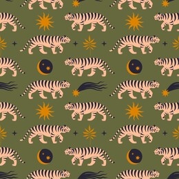 seamless pattern with chinese tigers in boho asian style. beautiful animal print design. for fabric, wall art, interior, packaging. floral branch, crescent moon, star, eye. magic mystery concept.