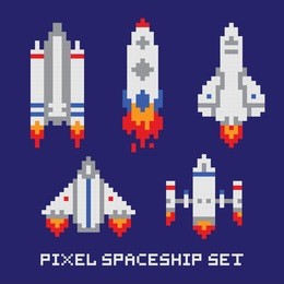 pixel art spaceship isolated vector set