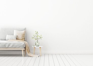 interior wall mockup with empty white wall, gray sofa, beige pillows and green plant in vase. free space on right.  3d rendering, illustration.