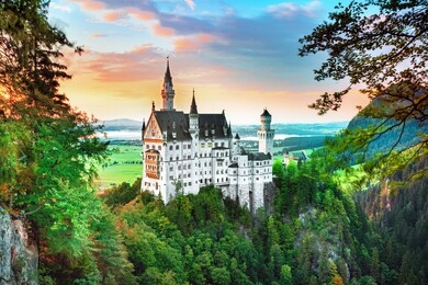 neuschwanstein landscape panorama picture of the fairy tale castle near munich in bavaria, germany