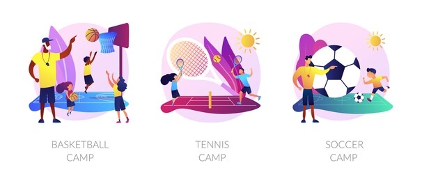 physical activity classes flat icons set. professional sportsman training courses. basketball camp, tennis camp, soccer camp metaphors. vector isolated concept metaphor illustrations.