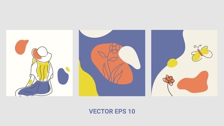 vector set of design templates and illustrations in minimal linear style - minimalistic modern art - female portrait and flowers - abstract t-shirt print - beauty and fashion concept