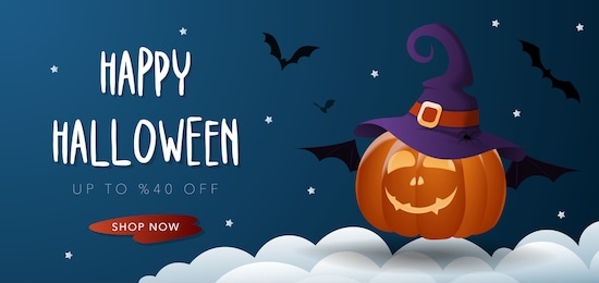 halloween sale banner with jack o' lantern pumpkin, witch hat, bat, cloud and stars. vector illustration background for party invitation, greeting card, web, social media.