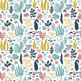 cute algae and corals, mollusks and starfish in the sea ocean seamless pattern, cartoon vector illustration