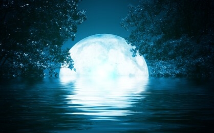 background night landscape. the night sky, the full moon. reflection of the moon on the water.