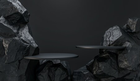 stone and rock shape 3d render illustration. round podium, pedestal for brand product exhibition. solid dark black color. mockup template for ads design. 