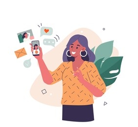 young woman use smartphone and surfing in social media. girl chatting, watching video, liking photos and make video call with friends in mobile app. flat cartoon vector illustration.