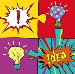 idea puzzles in pop art style. creative light bulbs.  concept background design 