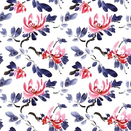 watercolor and ink illustration of blossom tree with pink flowers and leaves. oriental traditional painting in style sumi-e, u-sin and gohua. seamless pattern.