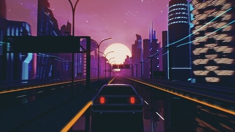 retro-futuristic 80s style drive in neon city. cyberpunk sunset landscape with a moving car on a highway road. vj synthwave looping 3d illustration for music video. 4k stylized vintage