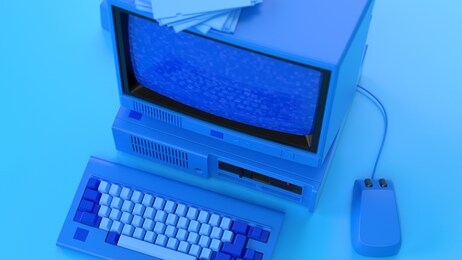old-fashioned personal computer in retro 80s style. blue laptop. 3d render illustration:monitor, system unit, keyboard, mouse. cute and pastel colors. modern trendy design.