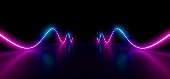 colored luminous geometric shape on a black background. blurred reflection on the floor. 3d rendering image.