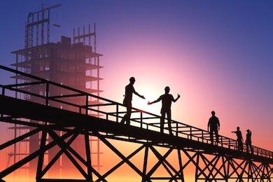 silhouette of the workers on a background of the sky ,3d render