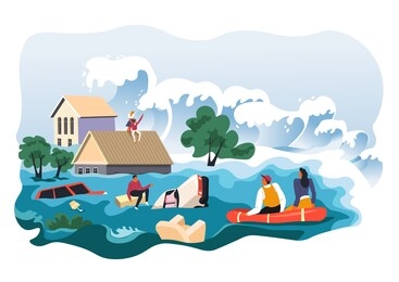 flood with high waves damaging people and houses. hurricane or storm caused by climate change. wrecking properties of residents, tsunami killing person. escaping from water on boats, vector in flat