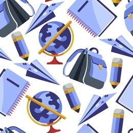 stationery for school seamless pattern. university or college supplies for studies. notebook and pencil, satchel for books and paper plane. geography lessons with globe model, vector in flat