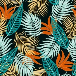 fashionable seamless tropical pattern with bright plants and leaves on a dark background. colorful stylish floral. beautiful print with hand drawn exotic plants. hawaiian style.