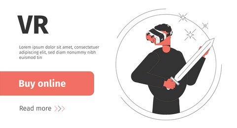 isometric shop banner with man wearing vr goggles and holding sword 3d vector illustration