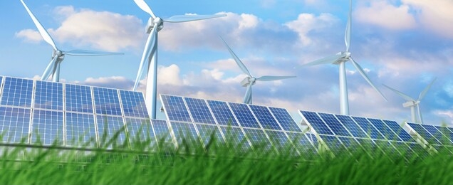 sustainable and ecological energies. solar panels and windmills that collect ecological energy