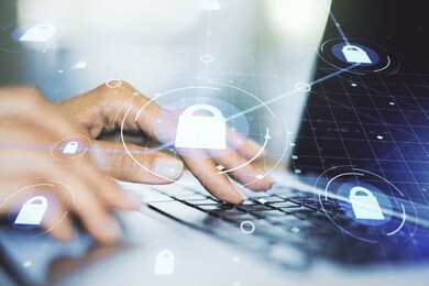 creative lock illustration with microcircuit and hands typing on computer keyboard on background, cyber security concept. multiexposure