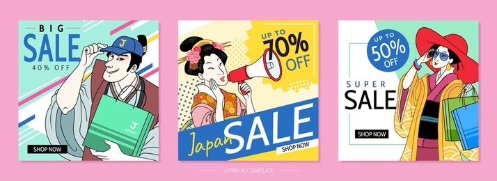 fashion ukiyo-e shopping season ad templates set, people holding shopping bags and megaphone