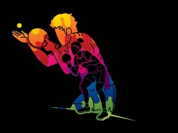 group of ping pong players, table tennis players action cartoon sport graphic vector.