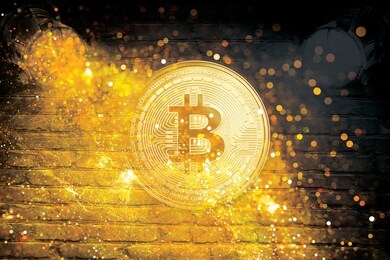 bitcoin golden sparkles flowing out of spot lights