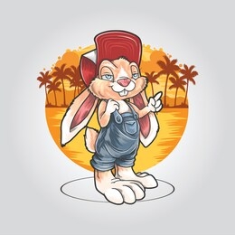 rabbit summer with hat and coconut tree at beach artwork vector
