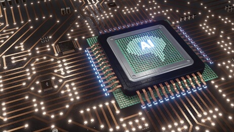 ai artificial intelligence 3d rendering,  computer mother board chip with ai sign and glowing circuit background,  central computer processors cpu, ai machine learning concept.