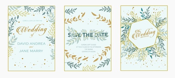 wedding invitation leaf botany beauty vector blue gold editable