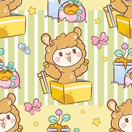 vector cartoon seamless pattern. kawaii anime alpaca, llama in box with presents and cute plants and flowers. abstract illustration, art for popular kids design. perfect for textile, texture, paper