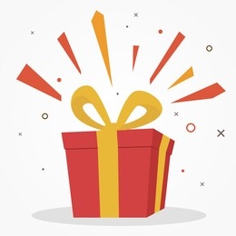 surprise red gift box, birthday celebration, special give away package, loyalty program reward, wonder gift with exclamation mark, vector icon, flat illustration