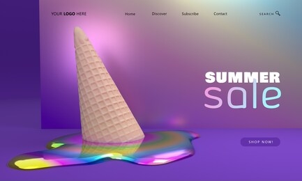 3d image of a melting holographic ice cream with a cone in front of a shiny gradient foil wall, summer themed website landing page design template in purple, pink, yellow, blue colors