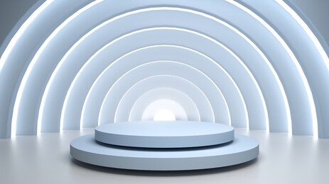 abstract scene with round blue stage, pedestal or podium in light tunnel over blue background. place your object or product on pedestal. 3d illustration